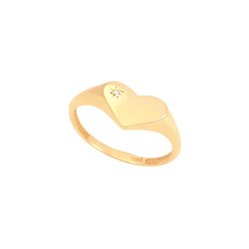 Anel Chancela Coração com Diamante, joia em ouro 18k