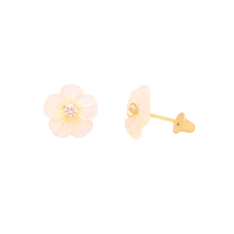 Brinco Flor de Madre Pérola com Zircônias, joia em ouro 18k